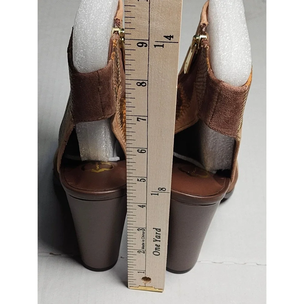 C‎ Wonder Ivy Tan Brown Patchwork Snakeskin Suede Peep Toe Block Heel Booties 5M